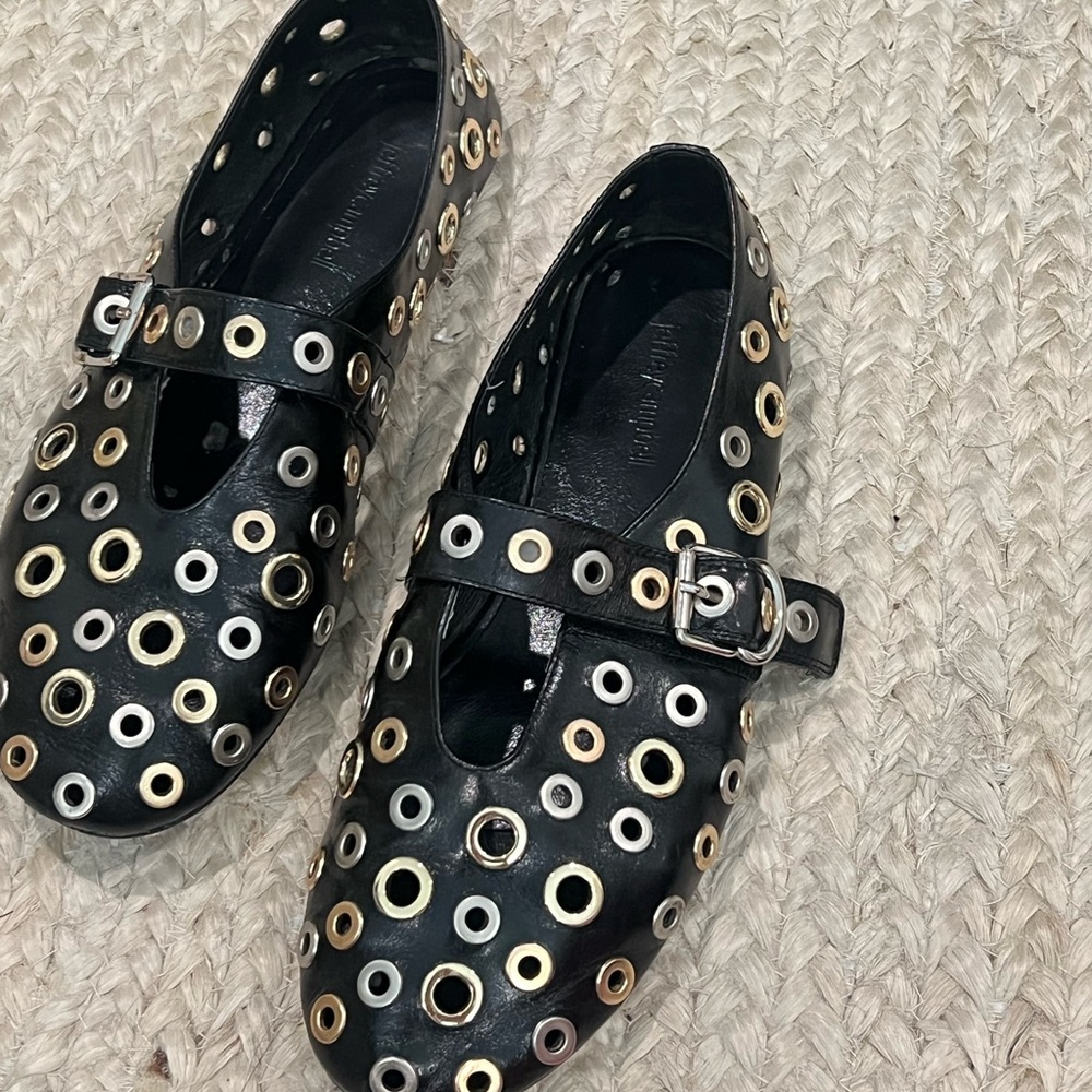 Jeffrey Campbell Black Grommet Mary Jane Flats - Leather Buckle Velcro Strap - Picture 6 of 6